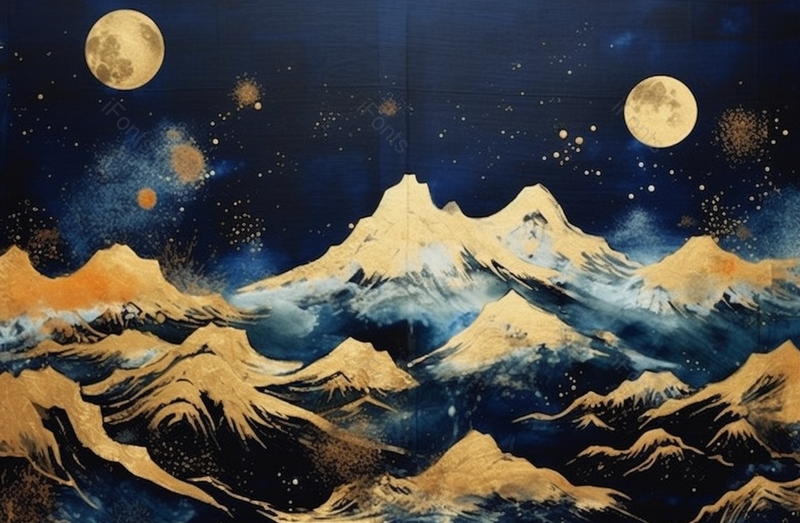 满月蓝色星空夜晚山川古代国风写意插画,插画/手绘图,插画/手绘图库,插画/手绘图下载,插画/手绘